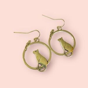 Cat Lady Dangle Pierced Earrings Silver Tone Cat & Mouse Hanging On
